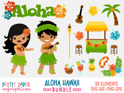 Pretty Paper Graphics Aloha Hawaii Bundle preview image showing a girl and boy character and several Hawaiian themed images